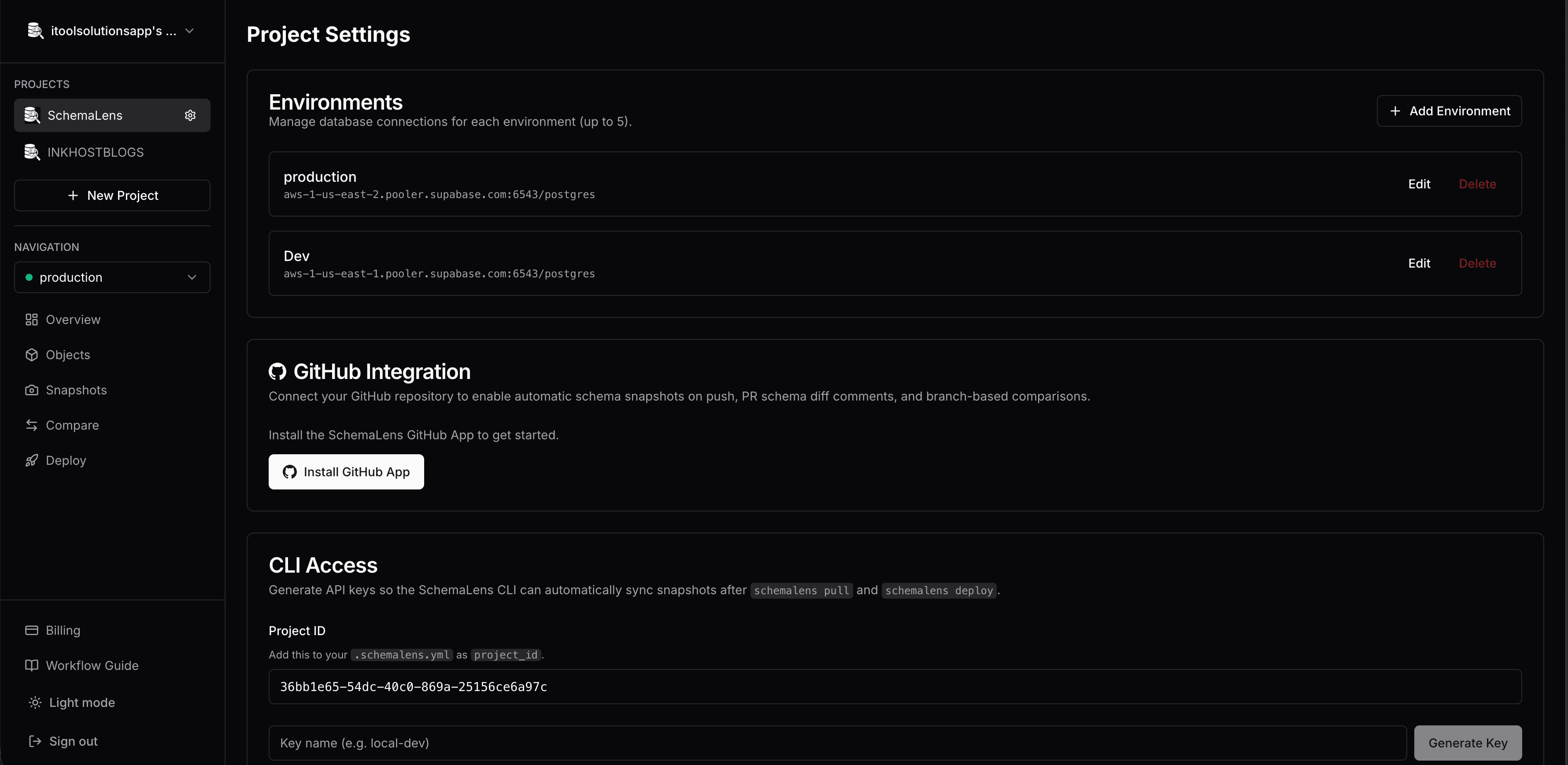 SchemaLens project settings with environments, GitHub integration, and CLI access